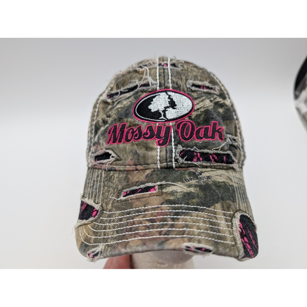 Mossy Oak Camo Distressed Baseball Cap Pink Embroidery Signatures Adjustable Hat